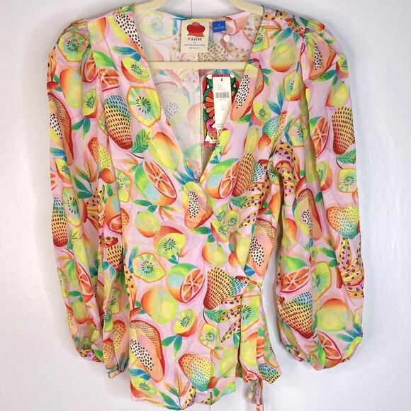 Farm Rio Rainforest Long Sleeves Blouse Fruits Print Wrap V-Neck Yellow Size XS - Picture 4 of 16